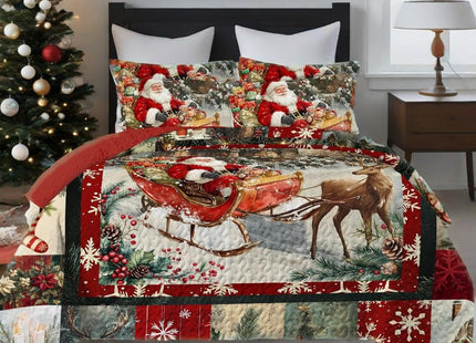 NIDITW 3-Piece Christmas Patchwork Quilt Set King Size Santa Claus Snowflake Deer Pine Tree Bedspread with 2 Pillow Shams Soft Lightweight Microfiber Bedding Set Coverlet (1-Santa Claus, King)