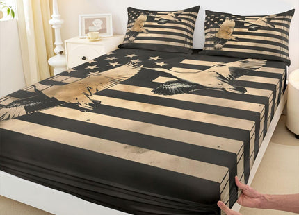 Erosebridal Duck Hunting Bed Sheets Retro Black White American Flag Full Sheet Set for Teen Boys Men,Wildlife Animal Bedding Set Hunting Flag Fitted Sheet + Flat Sheet + 2 Pillow Cases