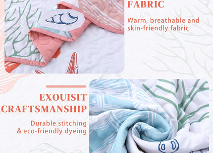 Heymybed Coastal Quilt Set King Size Beach Coverlet Pink Starfish Coral Seashell Bedspread Ocean Beach Themed Bed Cover Microfiber Soft Lightweight Bedding Sets for All Seasons (106"×92")