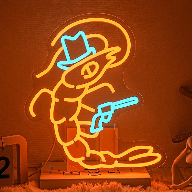 LLNEOX Shrimp Cowboy Neon Sign for Wall Decor Shrimp Led Sign Lobster Neon Light Gun Neon Light Sign Animal Wall Art Light for Kitchen Man Cave Bedroom Seafood Restaurant Shop