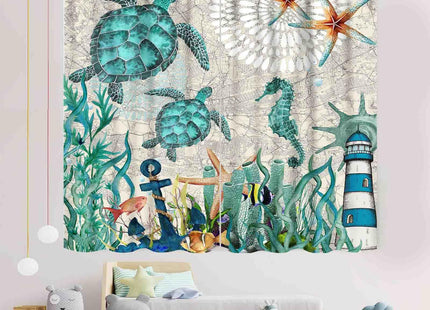 TKUYO Sea Turtle Curtains, Coastal Nautical Beach Seaweed Seahorse Starfish Rod Pocket Window Treatments for Bedroom Living Room Bathroom Undersea Animal Blue Ocean Blackout Drapes, 42"x45" Inch