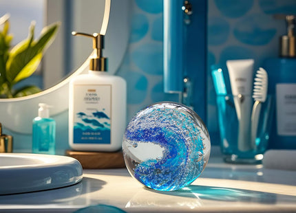 JUYOULE Hand Blown Glass Decorative Balls：Unique Ocean Wave Design, Elegant Paperweights for Office Desk, Coastal Room Decor, Beach Bathroom Decor, Sea Glass Art, Ocean Gift Idea （Blue）