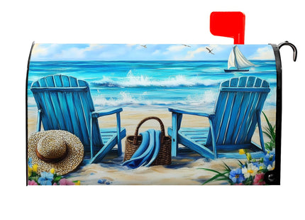 Ancordivo Summer Beach Mailbox Covers Magnetic Standard Size 21 x 18 Inch Nautical Coastal Blue Ocean Seagull Sailboat Chairs Mailbox Wraps Post Letter Box Cover for Garden Yard