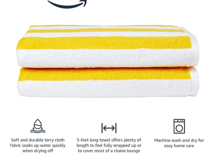 Amazon Basics 100% Cotton Beach Towel, Soft & Absorbent, Fast Drying, Cabana Stripe, Large 30" x 60", Yellow, 2-Pack