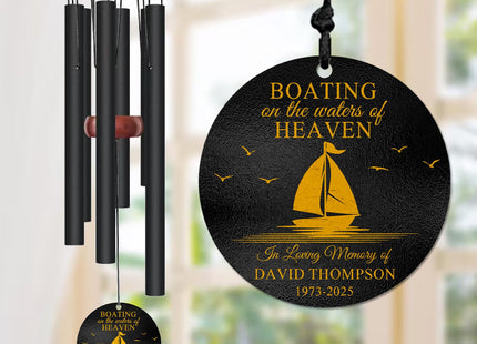 Personalized Boating Memorial Wind Chime – “Boating on The Waters of Heaven” Custom Name & Years – Nautical Sympathy Gift for Loss of Loved One – Outdoor Sailboat Remembrance Windchime for Sea Lovers