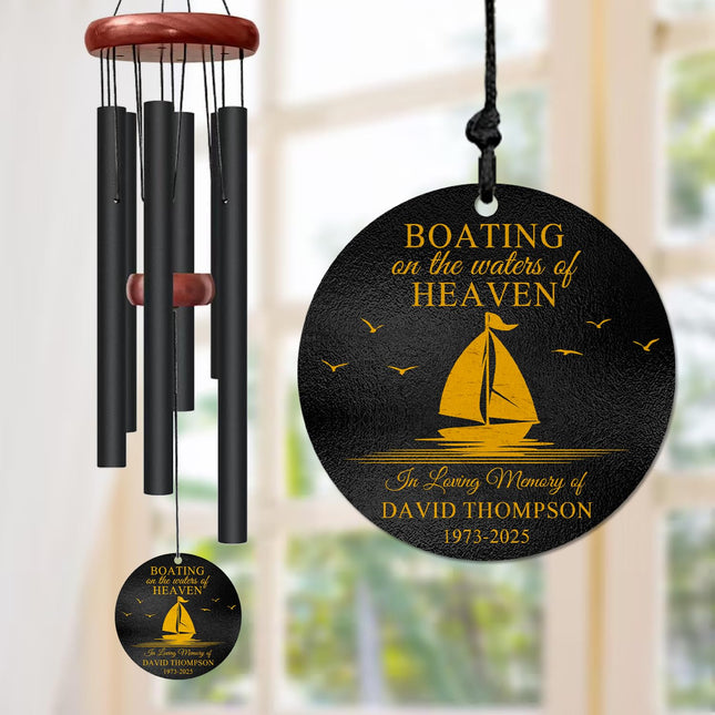 Personalized Boating Memorial Wind Chime – “Boating on The Waters of Heaven” Custom Name & Years – Nautical Sympathy Gift for Loss of Loved One – Outdoor Sailboat Remembrance Windchime for Sea Lovers