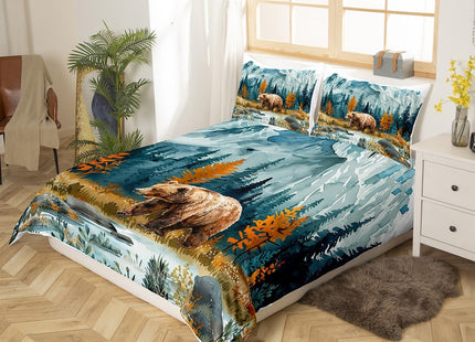 Bear Duvet Cover Set Twin Size,Hunting Animal Bedding Set Kids Boys Girls Room Decor,Tree Woodland Mountain River Bedspreads Cover 2Pcs,Nature Retro Rustic Comforter Cover,1 Pillowcase(NO Comforter)