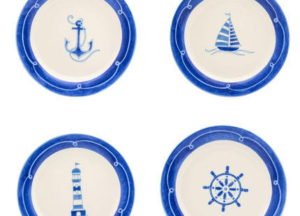 Euro Ceramica Ahoy Collection Nautical 8.7" Ceramic Salad/Dessert Plates, Set of 4, Assorted Designs, Blue & White