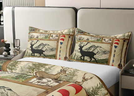 100% Cotton Farmhouse Lake House Decor Duvet Cover Twin, Rustic Hunting Deer Comforter Cover for Kids Boys Girls Teens, Retro Wild Animals Bedding, Woodland Pine Tree Paddle Plaid Decor Quilt Cover