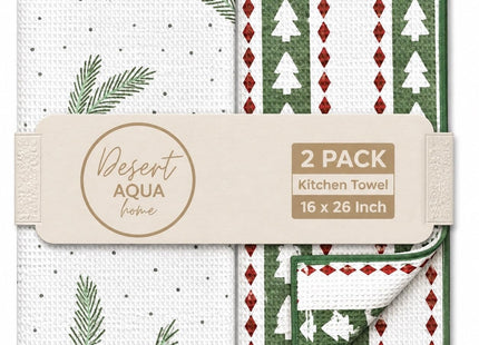 Desert Aqua 2 Pack Double Sided Kitchen Towels || Dish Towels ||Quick Dry || Designer Prints || Highly Absorbent || Hanging Hook (Christmas Tree/Holly)