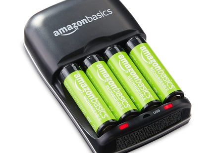 Amazon Basics Rechargeable Battery Charger for AA & AAA Ni-MH Batteries with USB Port, Portable, Travel-Friendly, Over-Charge Protection, Black