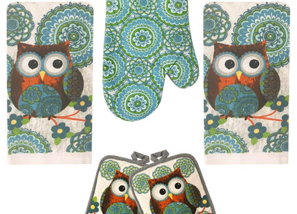 Lobyn Value Packs Kitchen Towel 5 Piece Linen Set 2 Towels 2 Pot Holders 1 Oven Mitt (Owl)