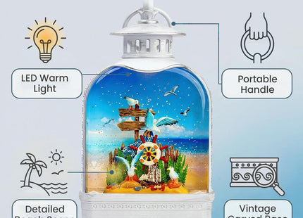 Nautical Theme Snow Globe Lantern with Music - USB or Battery Powered Light Up Water Lantern with Seagull - Swirling Glitter Water Globe for Summer Costal Ocean Decor - Gift for Ocean Lover (Seagull)