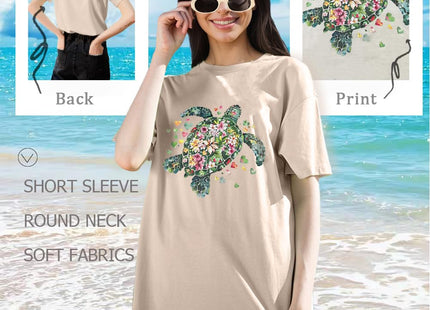 Turtle Tshirts Women Sea Turtle Floral Graphic Tee Short Sleeve,Khaki,XL