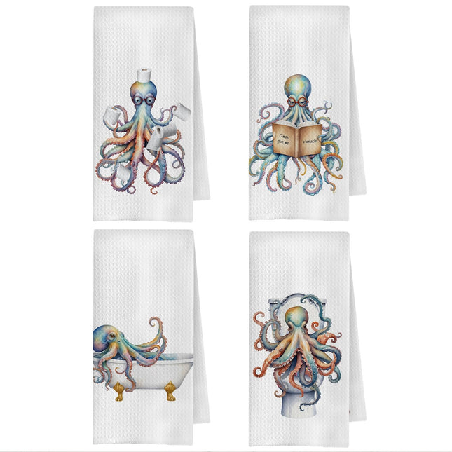 ChenCraty Funny Octopus Bathroom Hand Towels, Coastal Beach Bathroom Decor, Ocean Octopus Nautical Beachy Decorative Hand Towels for Washroom Toilet Restroom, 16x24 Inches Set of 4