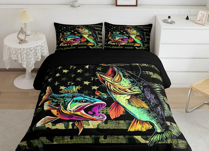 Bass Fish Camouflage Comforter Set Queen Pike Fish Camo Bedding Set for Women Men Room Kids Farmhouse Fishing Decor Comforter Fishman Wild Quilt Set Down Comforter Green Black