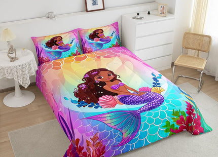 Erosebridal Black Girl Bedding Sets Twin Cute Mermaid Comforter Set, Pretty Princess Bedding Comforter Sets Purple Seashell Duvet Insert, Blue Ombre Fish Scales Quilted Duvet Coastal Beach Decor
