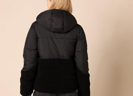 Amazon Essentials Women's Full-Zip Sherpa Fleece Hooded Puffer Jacket, Black, Large