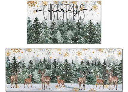 wyoansfhd Christmas Trees Deer Snowflakes Christmas Kitchen Mats Set of 2, Winter Home Decor Low-Profile Kitchen Rugs for Floor,Merry Christmas Rugs 17x30+17x47 Inch