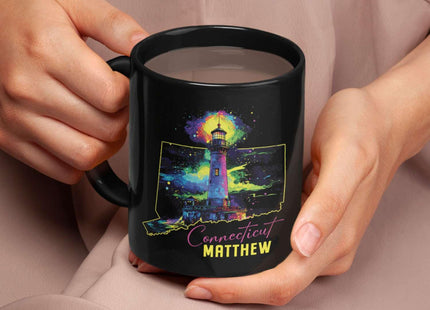 Connecticut Souvenir Coffee Mug With Custom Name, Personalized State Outline Black Cup, Colorful Lighthouse Design Mug, Customized Scenic Ceramic Cup 11oz 15oz, Gift For Travelers