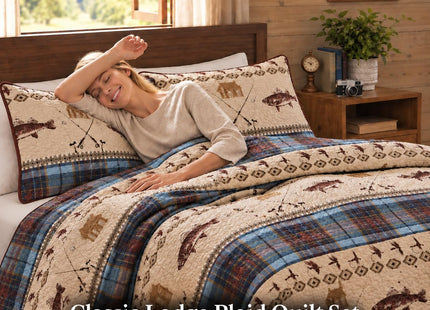 River Fly Fishing Rustic Cabin Lodge Quilt Bedspread Bedding Set with Fishing and Southwestern Plaid Tweed Patterns Blue Brown - River Lodge (King / Cal-King)