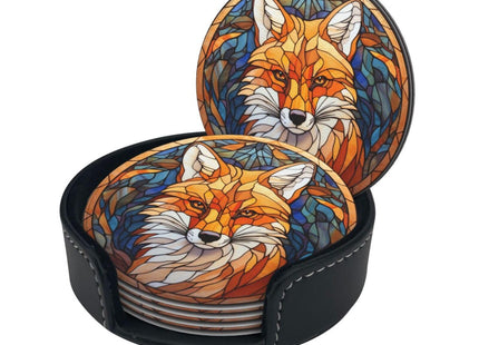 Fox Drink Coaster Set, Leather Coasters with Holder, 6 Pack for Table Protection (Fox)