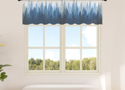 Navy Blue Forest Sheer Valance Curtains for Kitchen Living Room Decor, Nature Woodland Tree Forest Silhouette Landscape Semi Sheer Curtain Voile Valance Rod Pocket Window Short Curtain Panel 54"x18"