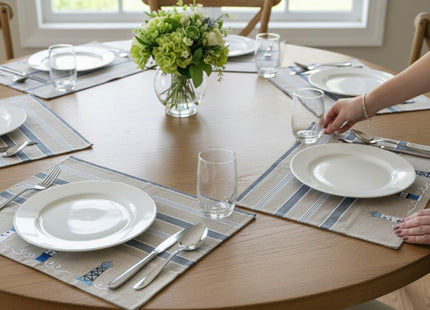 Nautical Placemats – Set of 4 –– Cotton Decorative Embroidered Design - Natural, Navy Blue and White (Lighthouse)