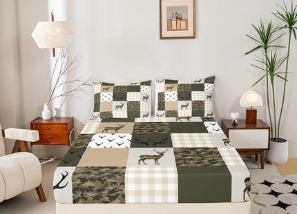 Camouflage Sheet Set Twin Size Woodland Camo Bed Sheet Set 3pcs with Deep Pocket Fitted Sheet + Flat Sheet + 1 Pillowcase Green and Beige Plaid Deer Print Bedding Set for Kids Boys Teens Room Decor