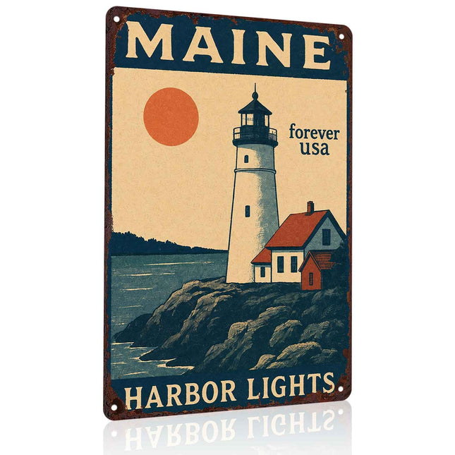 Maine Harbor Lights Vintage Metal Wall Art Signs 8X12 Inch