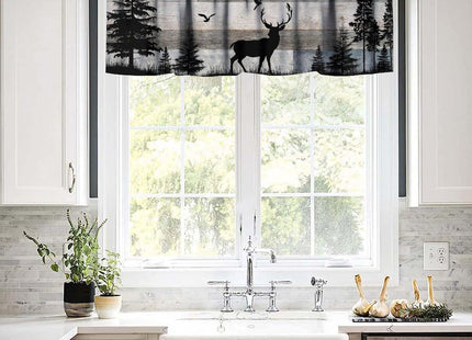 JanJCurt Rustic Deer Valance, Retro Cabin Farmhouse Country Blue Brown Wooden Wild Animals Deer Bird Print Blackout Window Valance for Living Room Bedroom Kitchen, 54x18inch