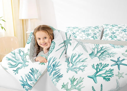 Erosebridal Shell Coral Starfish Comforter Set, Summer Coastal Twin Bedding Set, Beach Nautical Comforter for Kids Boys Girls Teens Adults Bedroom Decor, Ocean Life Quilt 2 Piece