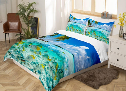 Feelyou Beach Duvet Cover Set Full for Boys Girls Ocean Bedding Set Hawaiian Tripocal Marine Life Sea Fish Printed Bedding Comforter Cover Microfiber with 2 Pillow Shams, Blue,Zipper Closure, 3 Pieces