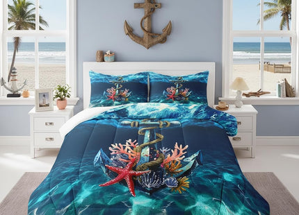 Castle Fairy Nautical Anchor Comforter Set,Undersea Light Water Ripple Bedding Set Kids Teens Modern Decor,Ocean Creature Starfish Coral Comforter with 1 Pillowcase for All Seasons,Twin