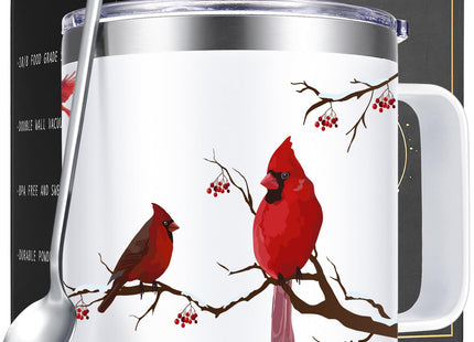 Qtencas Cardinal Gifts for Women, Cardinal Gifts, Northern Cardinalis Red 14 Oz Insulated Mug, Christmas Coffee Mug, Red Cardinals Gift for Cardinalis, Bird lovers, White