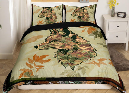 Wolf Bedding Set Twin For Boys Woodland Camo Hunting Duvet Cover Army Green Tree Branches Camouflage Wild Animal Comforter Cover For Adults Men,Botanical Leaves Rustic Bed Set With 1 Pillow Case