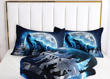 AILONEN Boys Wolf Bedding Set Full,Blue Starry Moon Wolf Comforter Set,Ice Howling Wolf Forest Printed Wildlife Kids Men Soft Comforter with 2 Pillowcases,3-Piece