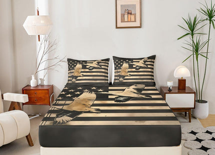 Erosebridal Duck Hunting Bed Sheets Retro Black White American Flag Full Sheet Set for Teen Boys Men,Wildlife Animal Bedding Set Hunting Flag Fitted Sheet + Flat Sheet + 2 Pillow Cases
