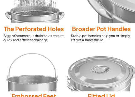 Bonnlo 102QT Stainless Steel Stock Pot for Boiling Seafood, Crawfish lobster & Crab, Frying Turkey & Steaming Tamales, Large Boil Pot with Steamer Basket, Lid, Lifting Hook for Outdoor Cooking Patio
