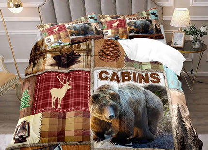 LUVIVIHOME 3PCS Rustic Cabin Comforter Set Queen Size, Bear Bedding Sets, Elk Deer Forest Woodland Animals Wildlife Hunting Country Farmhouse Red Buffalo Plaid Lodge Patchwork Quilt, 2 Pillow Shams