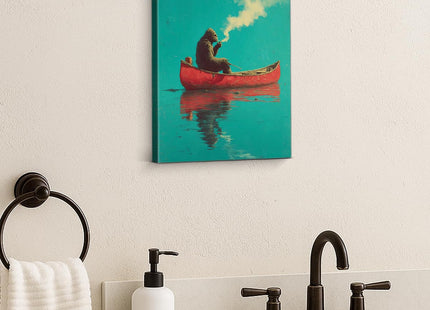 YJIKRTVT Funny Bigfoot Wall Art, Sasquatch in Red Canoe Painting, Whimsical Sasquatch Lake Canvas Print, Humorous Outdoor Adventure Wall Decor for Cabin Lake House 8x10 Inches