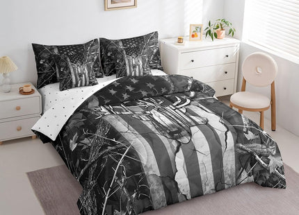 Erosebridal 7 Piece American Flag Deer Comforter Set Twin Black Grey Woodland Deer Bed in a Bag USA Flag Bedroom Decor,Wildlife Hunting Bedding Set with Fitted Sheet,Flat Sheet,Pillowcases & Shams