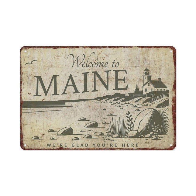 Welcome to Maine We're Glad You're Here Vintage Metal Sign, 8X12 Inch Aluminum Coastal Lighthouse Landscape Print Wall Decor, Retro Distressed Tin Sign for Home Cottage Outdoor Decor