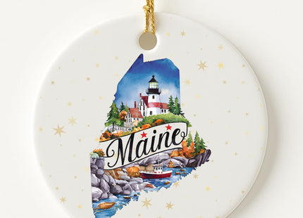 USA State Landmark Ceramic Ornament – Round Glossy Christmas Decoration Featuring U.S. State Art, Landmarks & Holiday Scenery – Collectible Travel Souvenir Ornament Series (Maine)