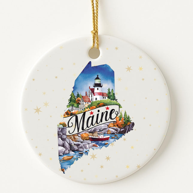 USA State Landmark Ceramic Ornament – Round Glossy Christmas Decoration Featuring U.S. State Art, Landmarks & Holiday Scenery – Collectible Travel Souvenir Ornament Series (Maine)
