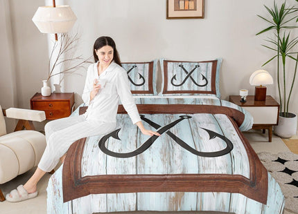 Lake House Fishing Theme Kids Comforter Set Queen Size,Fish Hook Anchor Nautical Bedding Set,Girls Boys Adults Room Decor,Teal Wooden Plank Rustic Down Comforter,Retro Duvet Insert,2 Pillowcases