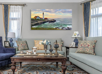 tigeridge Portland Head Light Wall Art Sunset Lighthouse Canvas Wall Art for Living Room Ocean Canvas Pictures Seascape Artwork Canvas Prints Office Home Wall Decor Framed Ready to Hang 20" x 40"