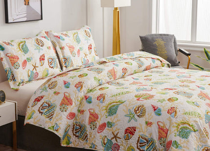 CHESITY Beach Quilts Set Full/Queen Size Ocean Bedspread Lightweight Coastal Quilt Reversible Bedding Cover Nautical Coverlet Set Seashell Conch Beach Comforter Cover Conch Sheet(90"x90")