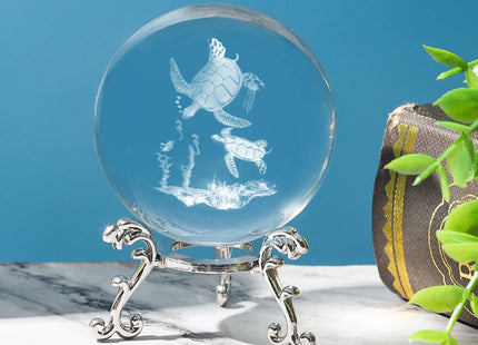 PYJ3DLAMP 3D Sea Turtle Crystal Ball with Stand Lase Engraved Glass Sphere Paperweight Sea Turtle Decor Gift