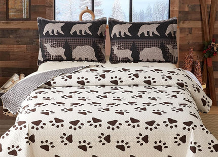 Rustic Quilt Queen/Full Size Lodge Cabin Bedding Set Reversible Moose Bear Bedspread Coverlet Pine Tree Sunset Wildlife Printed Quilts Set Woodland Plaid Patchwork Quilted Bed Spread Country Decor